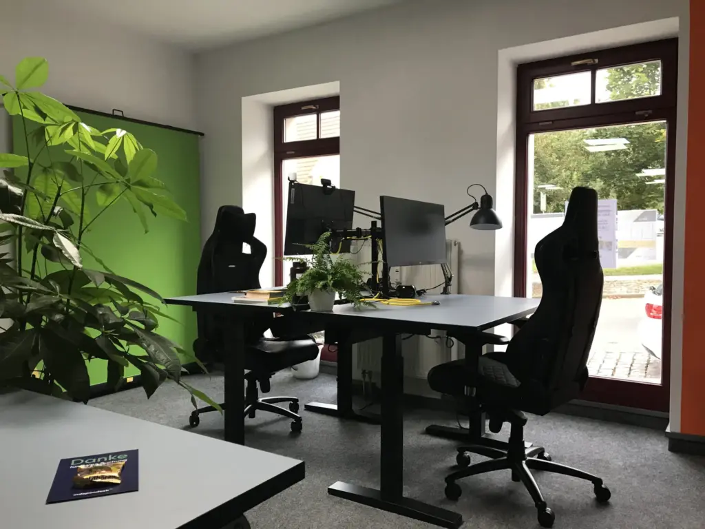 Flexible Arbeitsplätze mit höhenverstellbaren Tischen und Monitoren am Fenster im Skatstadt:Hub